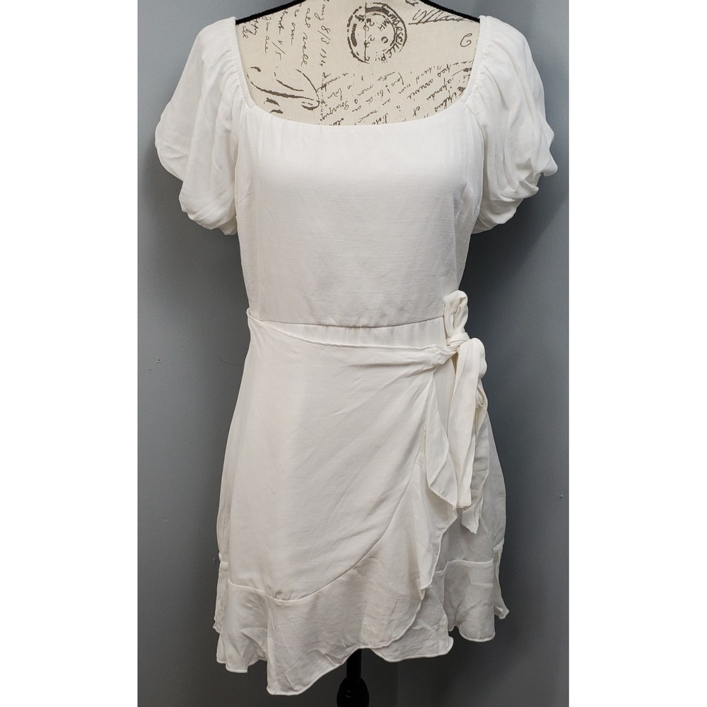 Trixxi Mini Dress Womens M White Puff Sleeve Square Neck Wrap Front Side Tie